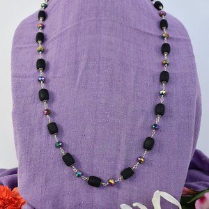 34  1/4" black Tulasi with bluish purple crystal glass beads